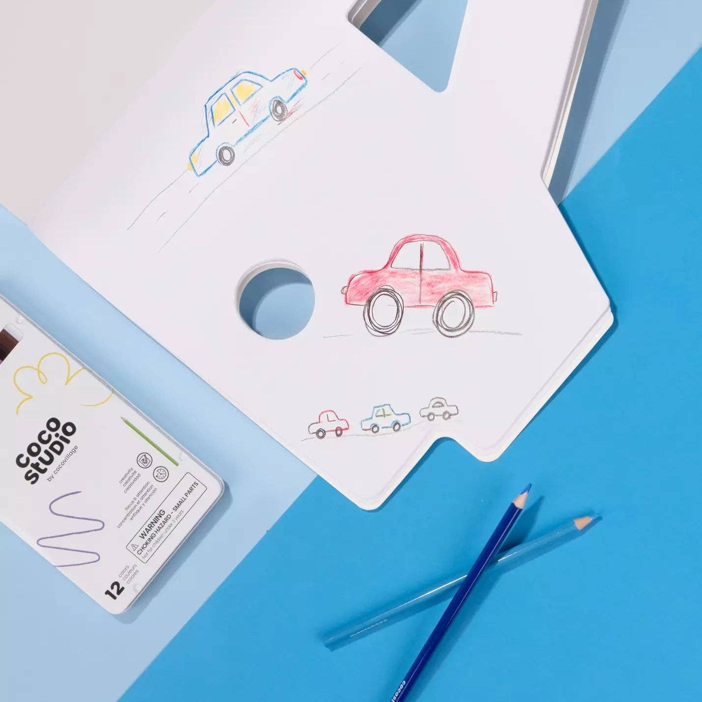 White board with car illustrations on a blue background