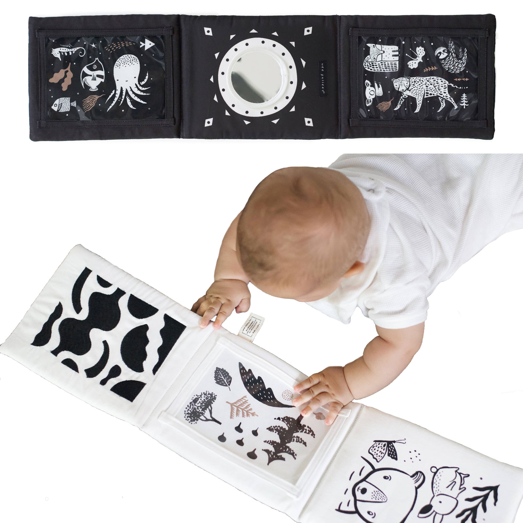 Baby looking at a black and white patterned book