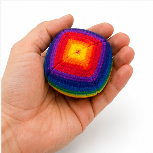 Hand holding a rainbow-colored ball against a white background