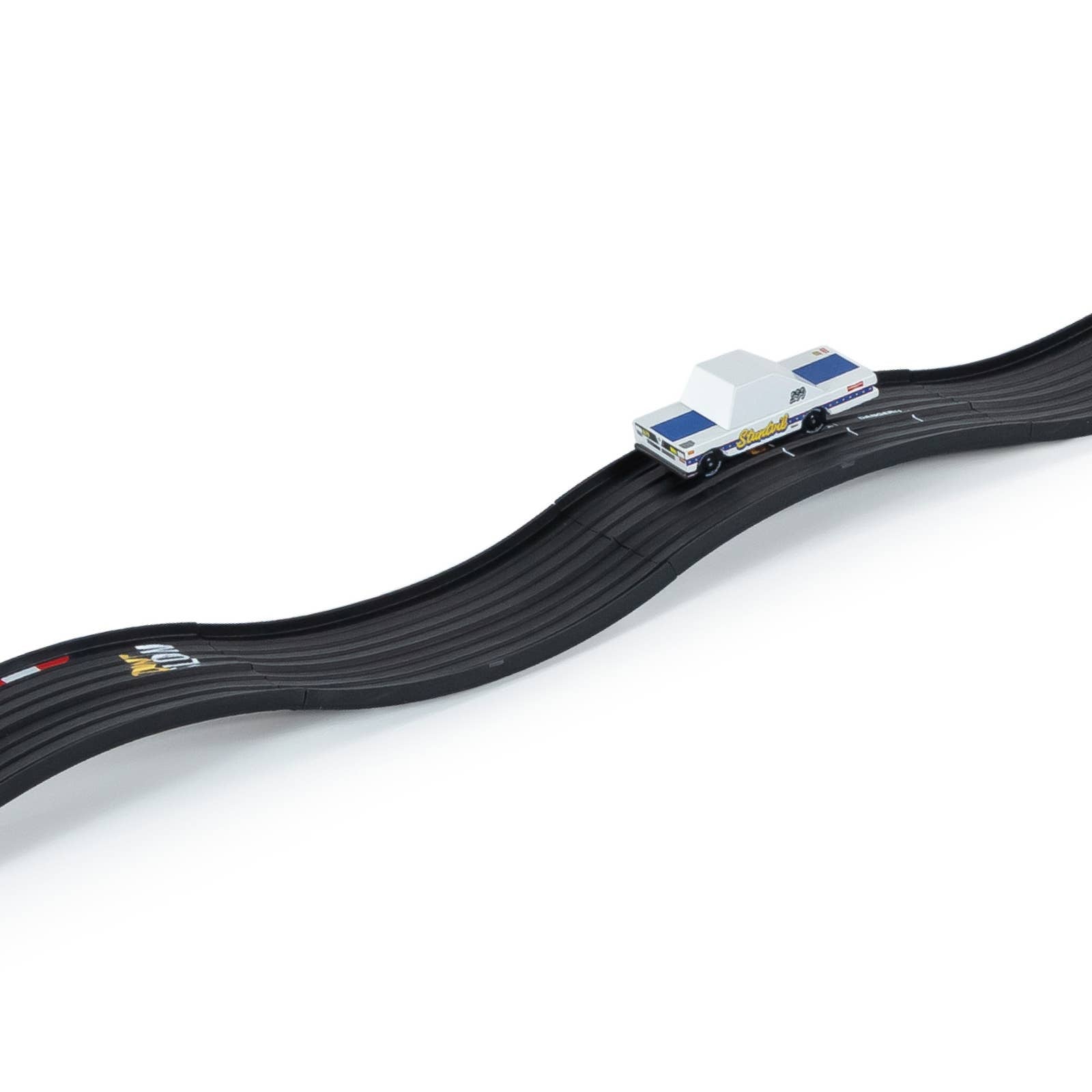 Model of a race car on a track with a white background