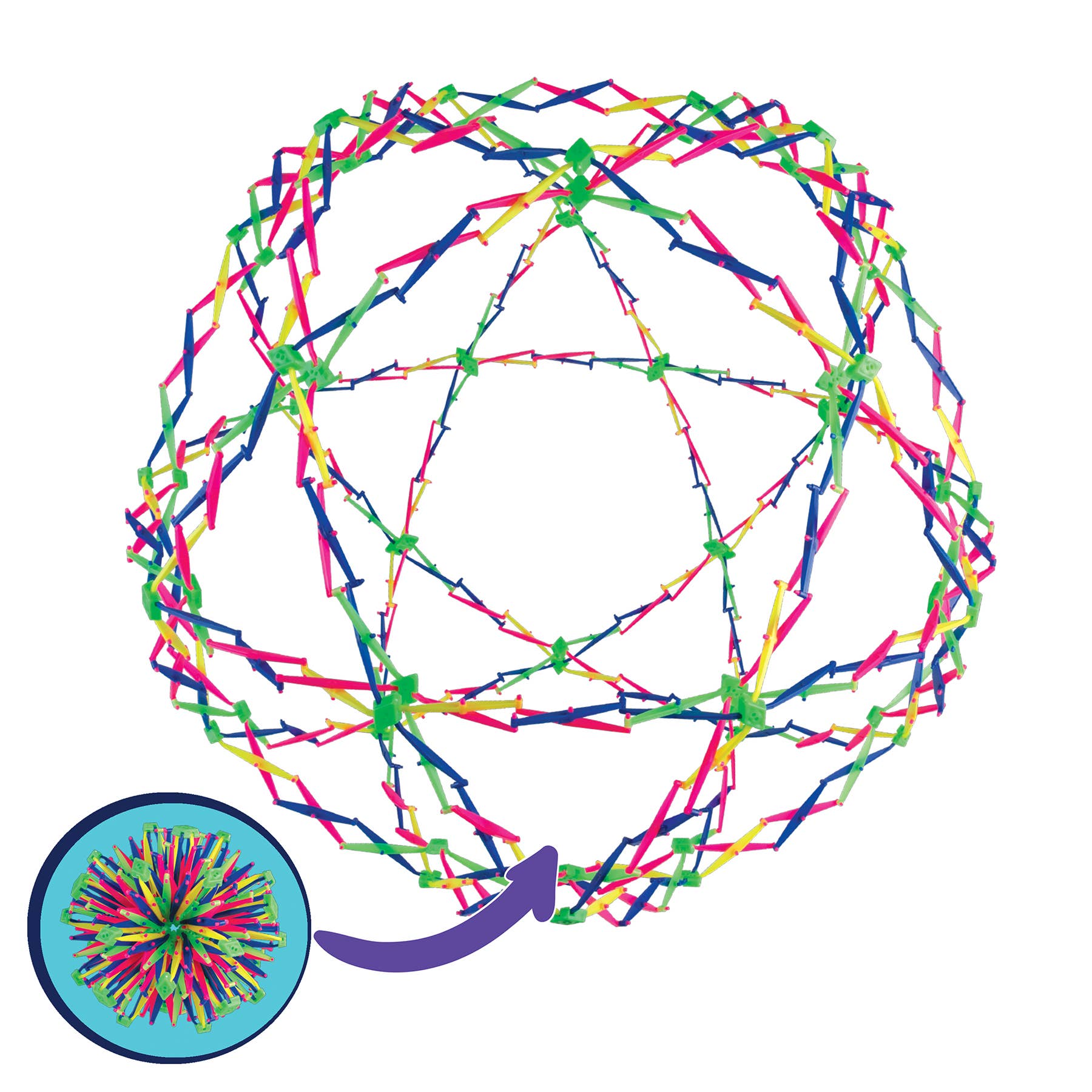 Colorful geometric sphere made of interlocking sticks with a close-up inset on a white background