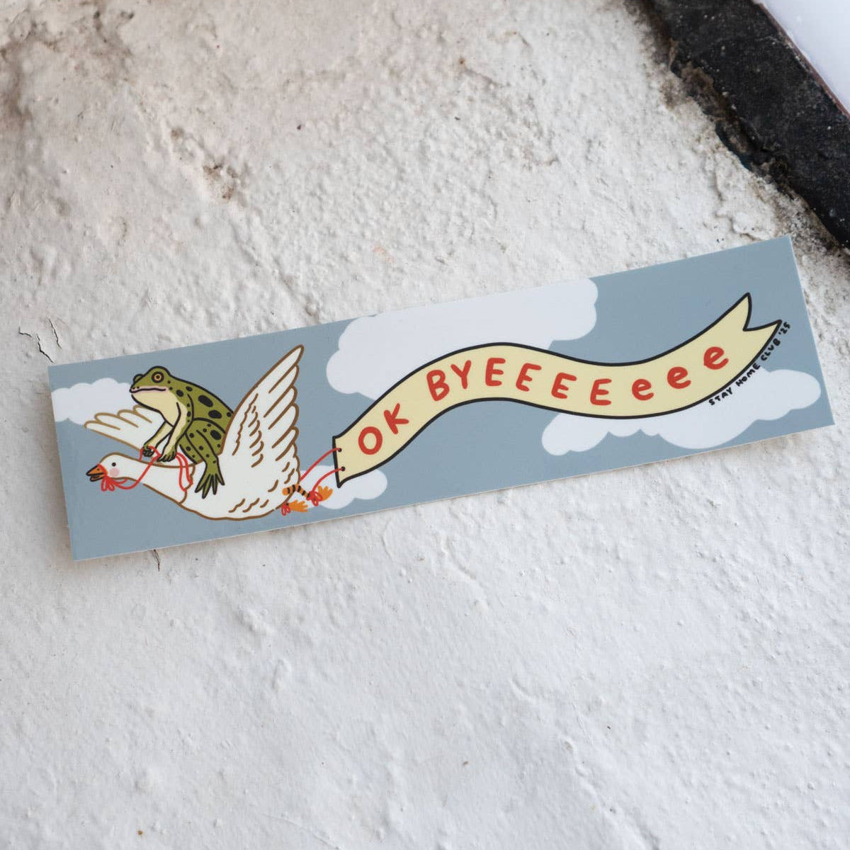 Sticker with a frog and banner text 'OK BYEEEE' on a textured surface