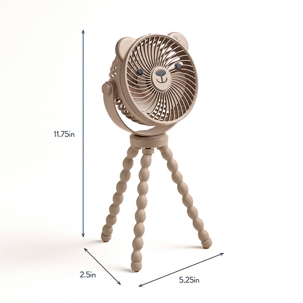 Small fan with bear design on a white background, showing dimensions.
