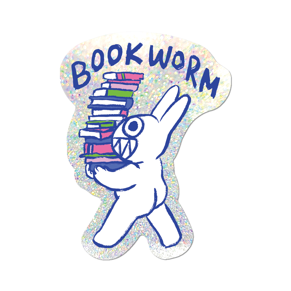 Sticker with a cartoon hand holding books and the word 'BOOKWORM' on a black background