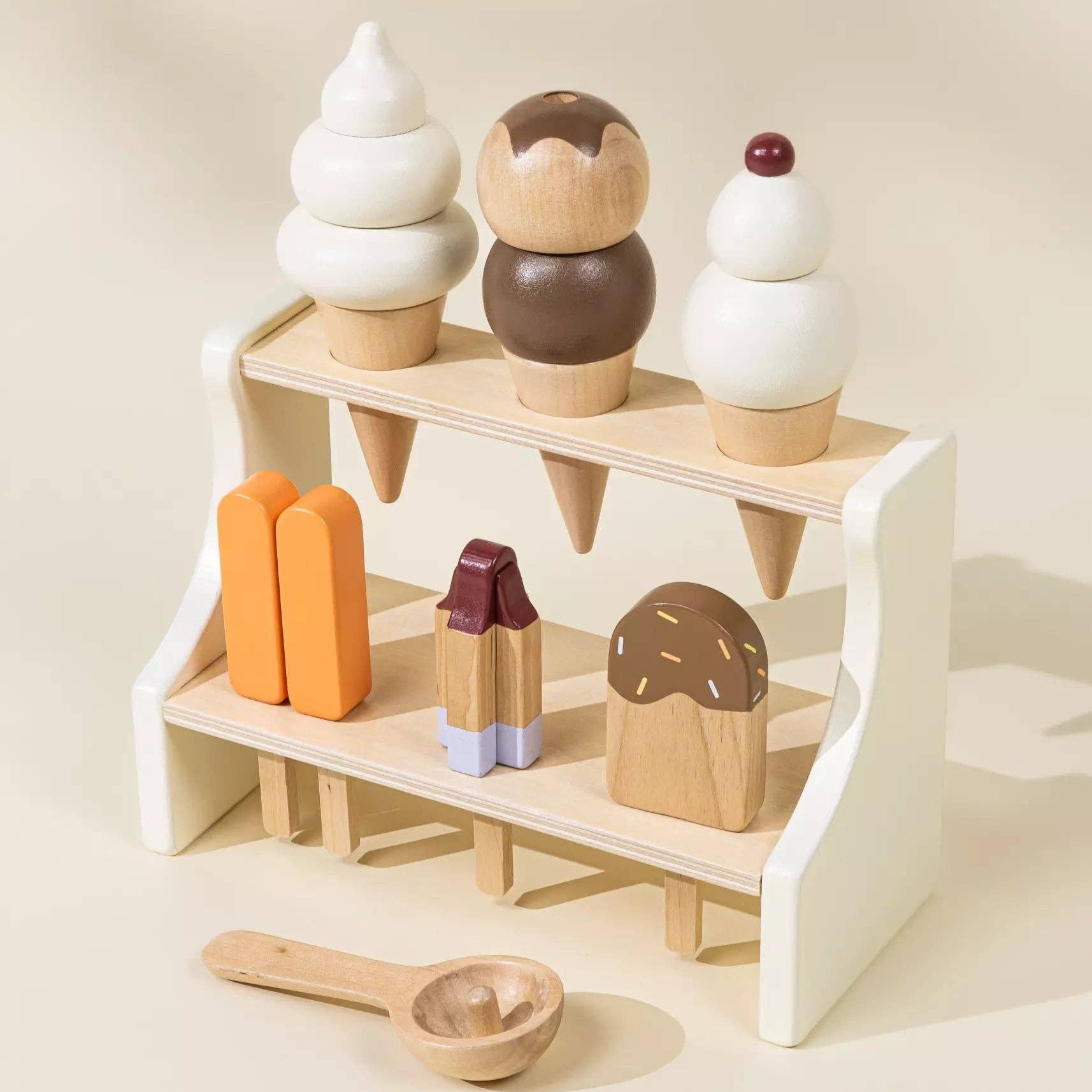 Wooden ice cream set with a display stand on a light background