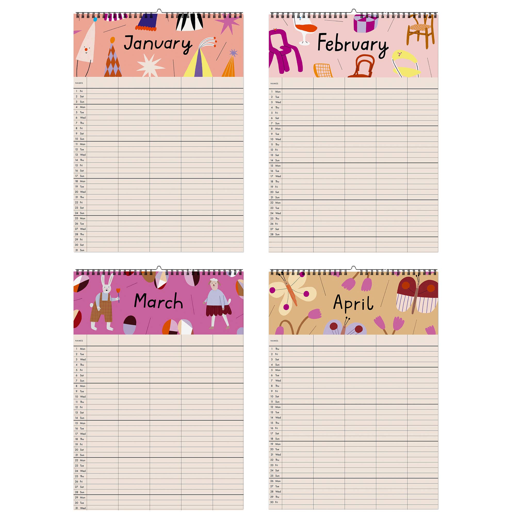Four spiral-bound monthly calendar pages for January, February, March, and April, arranged in a 2x2 grid. Each page has a colorful illustrated header with holiday-themed drawings and blank lined writing sections below.