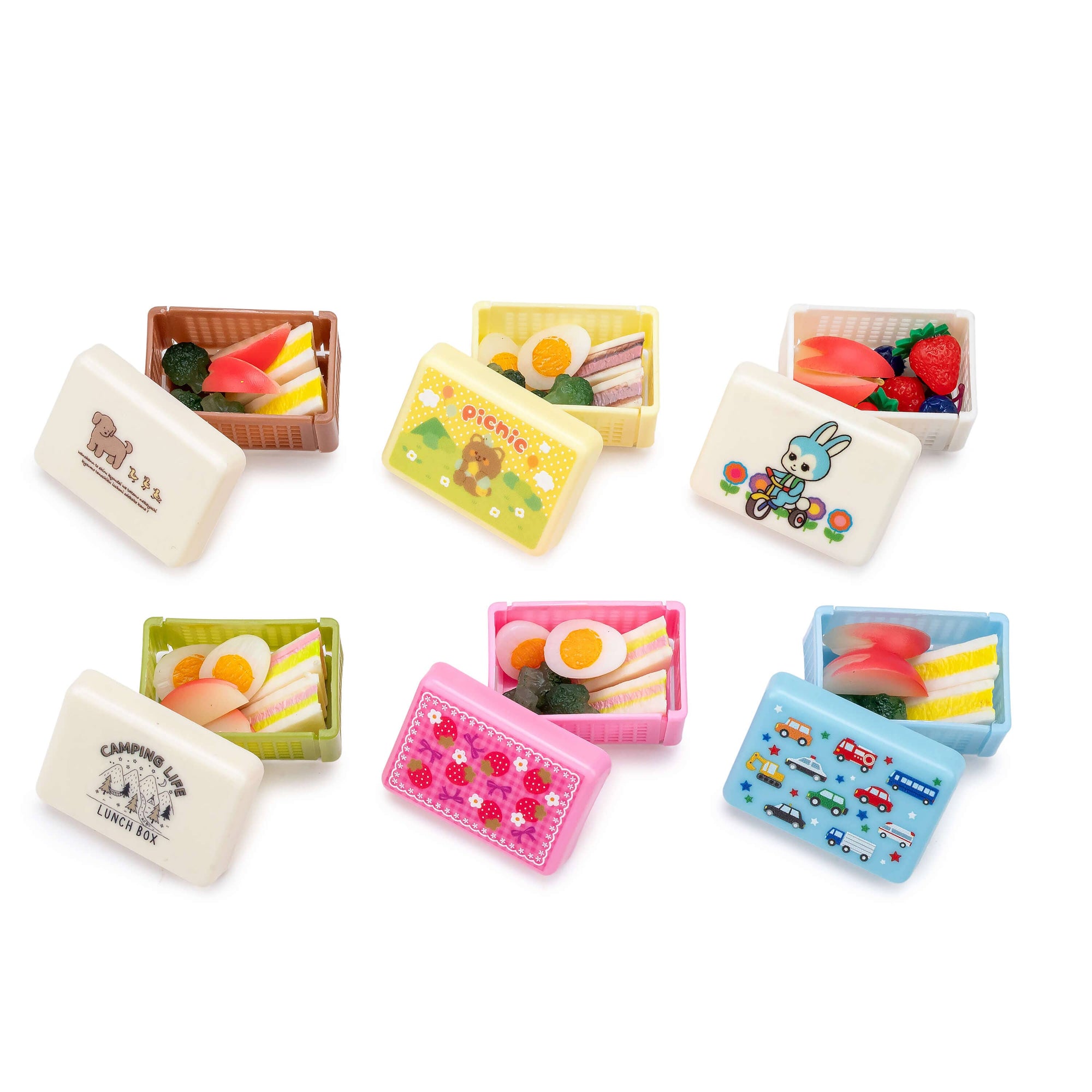 Set of colorful miniature bento boxes with food illustrations on a white background