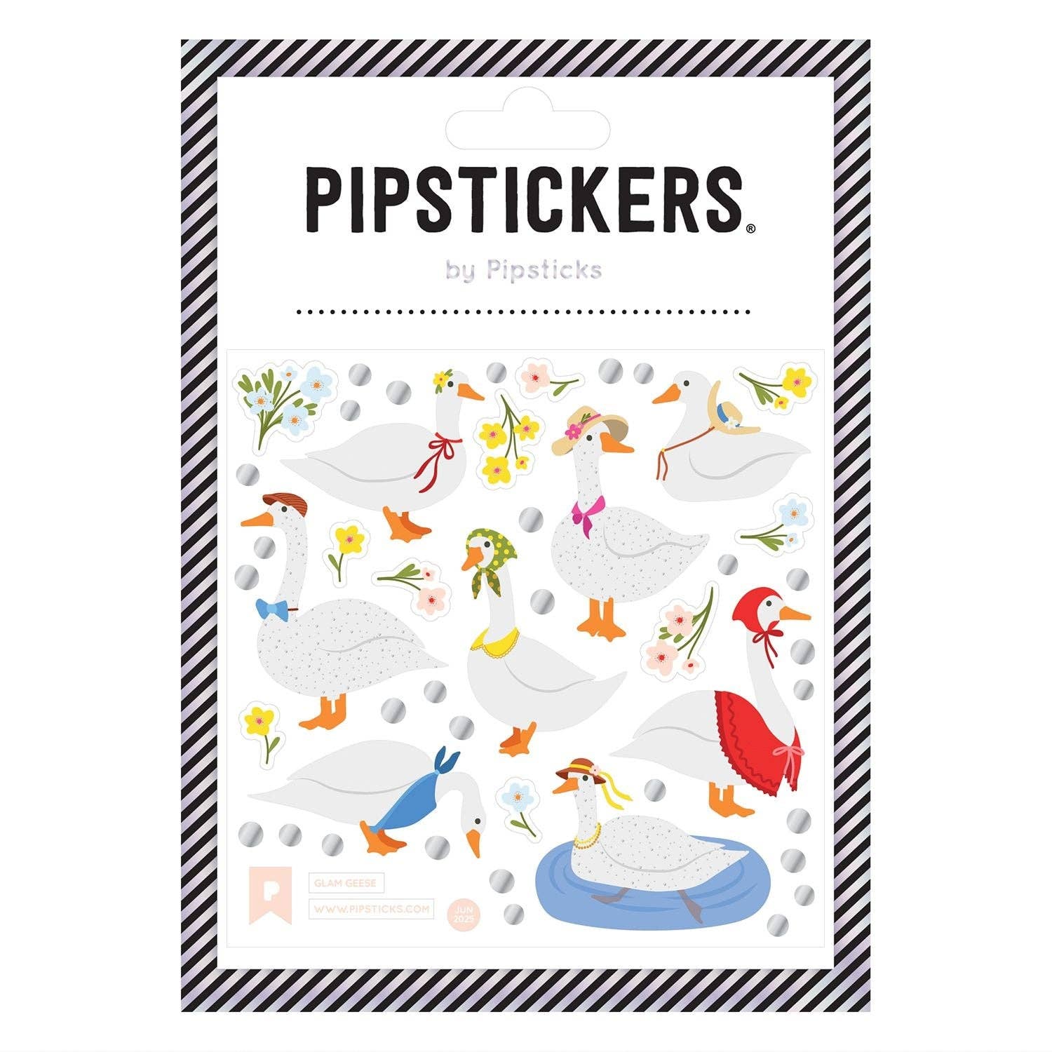 Packaging of Pipstickers with illustrated ducks and flowers on a white background