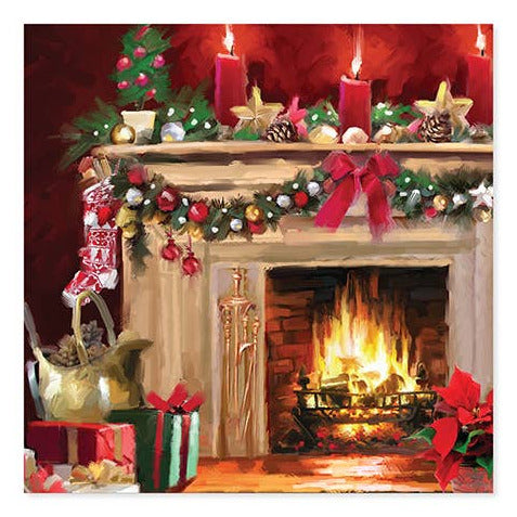 Decorated Christmas fireplace with stockings, presents, and a garland.