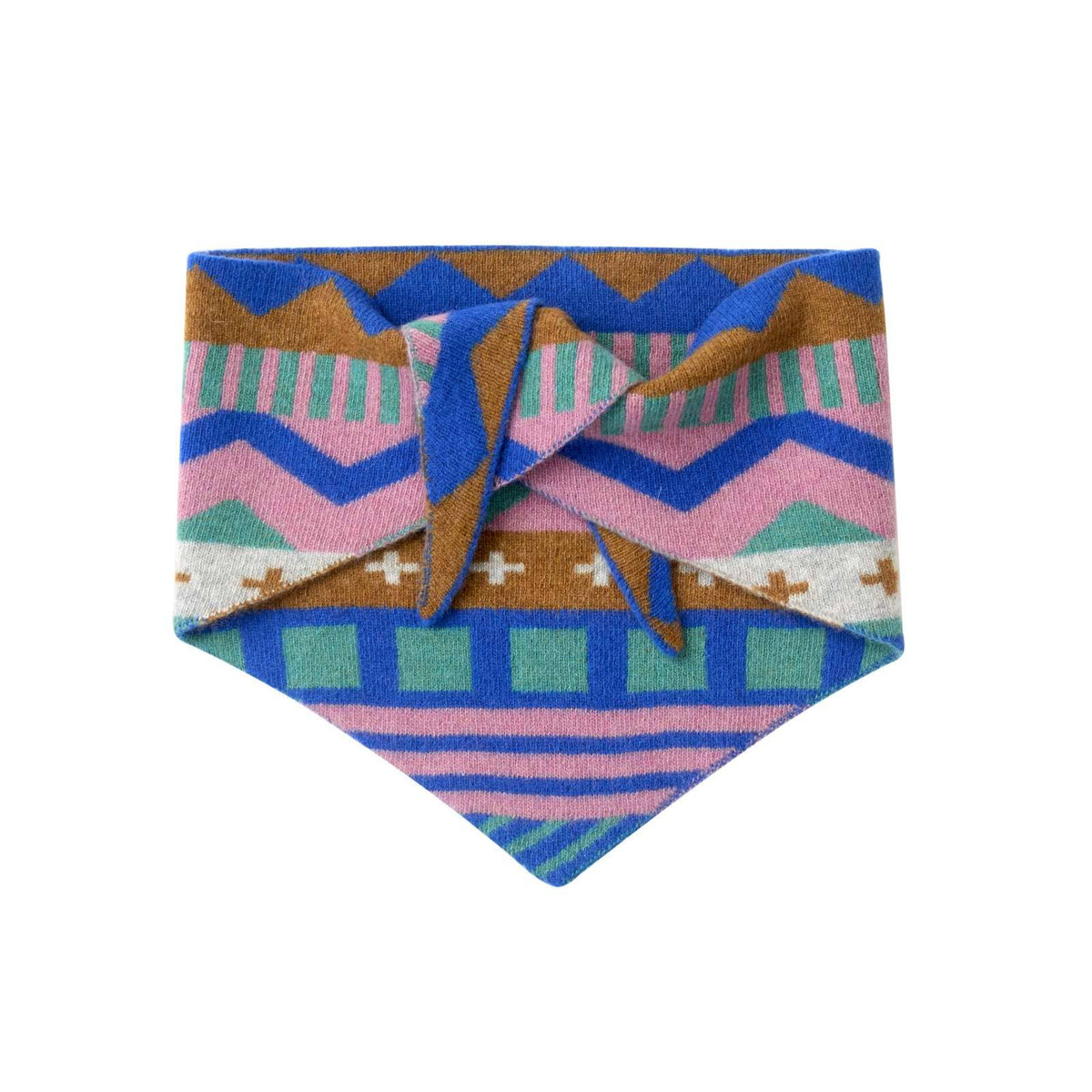 A folded patterned bandana or scarf with a central bow, featuring a multicolor geometric design in pink, blue, brown, and mint green on a white background.
