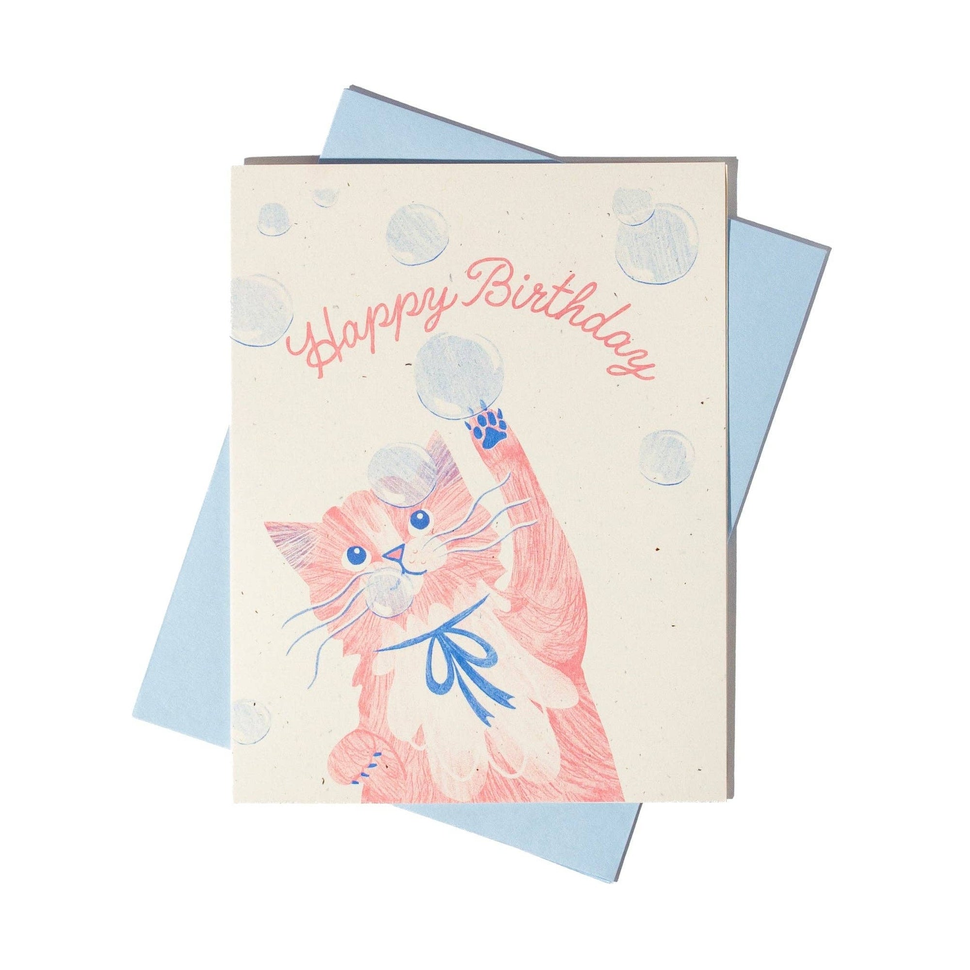 Greeting card with a cat illustration and 'Happy Birthday' text on a white background