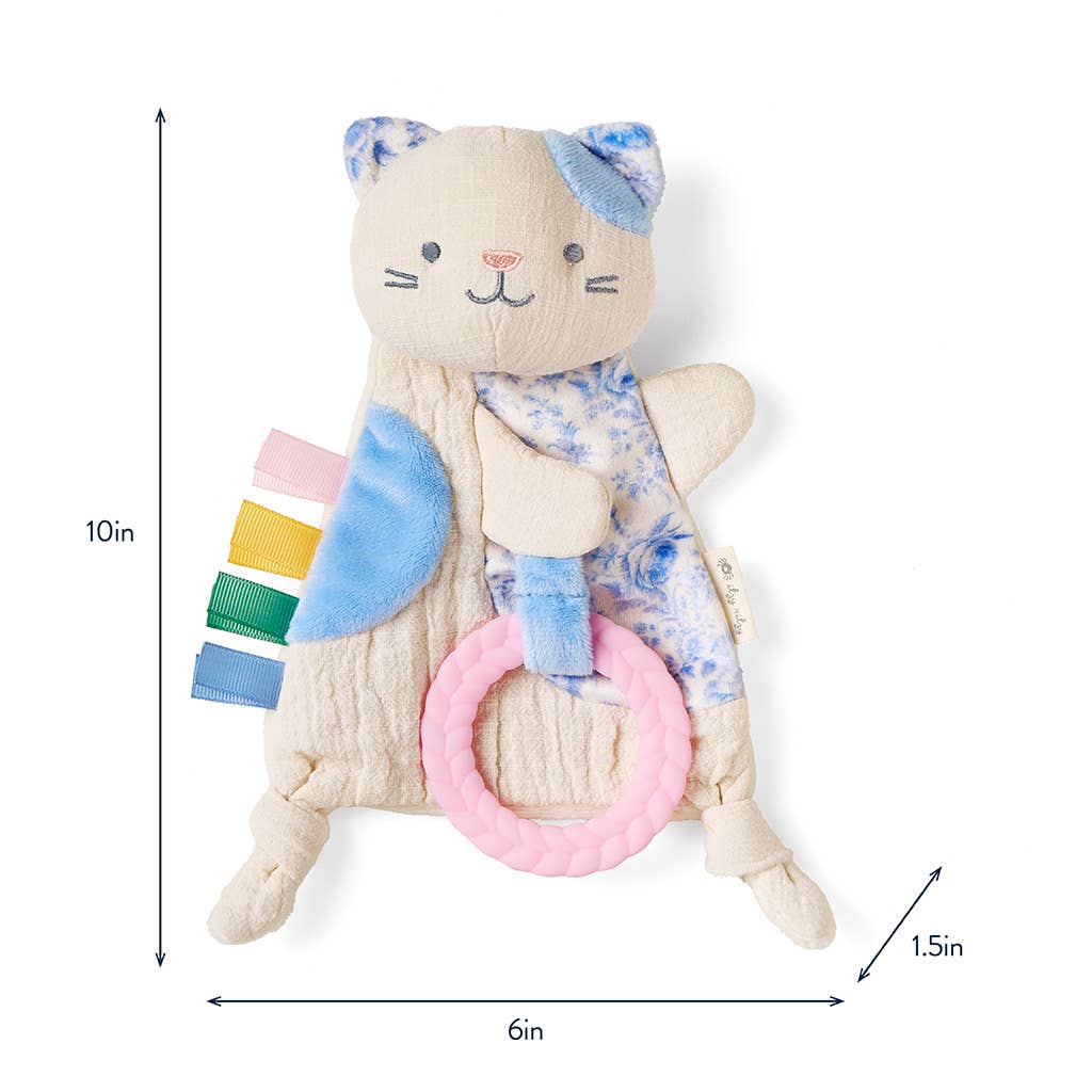 Plush toy cat with floral pattern and ring, shown with measurements on a white background