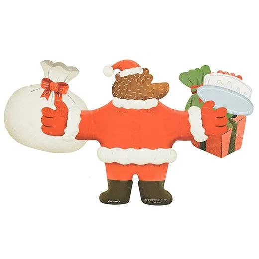 Illustration of a bear wearing a Santa Claus outfit holding a gift and a sack.