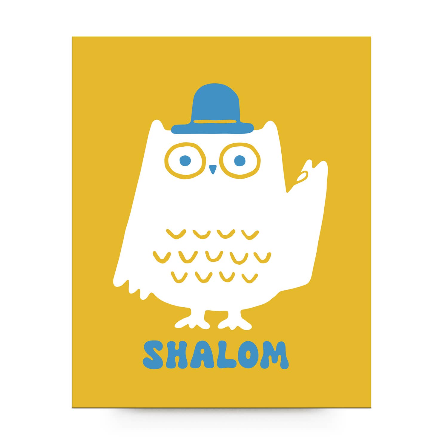 White owl with a blue top hat on a yellow background with 'SHALOM' text
