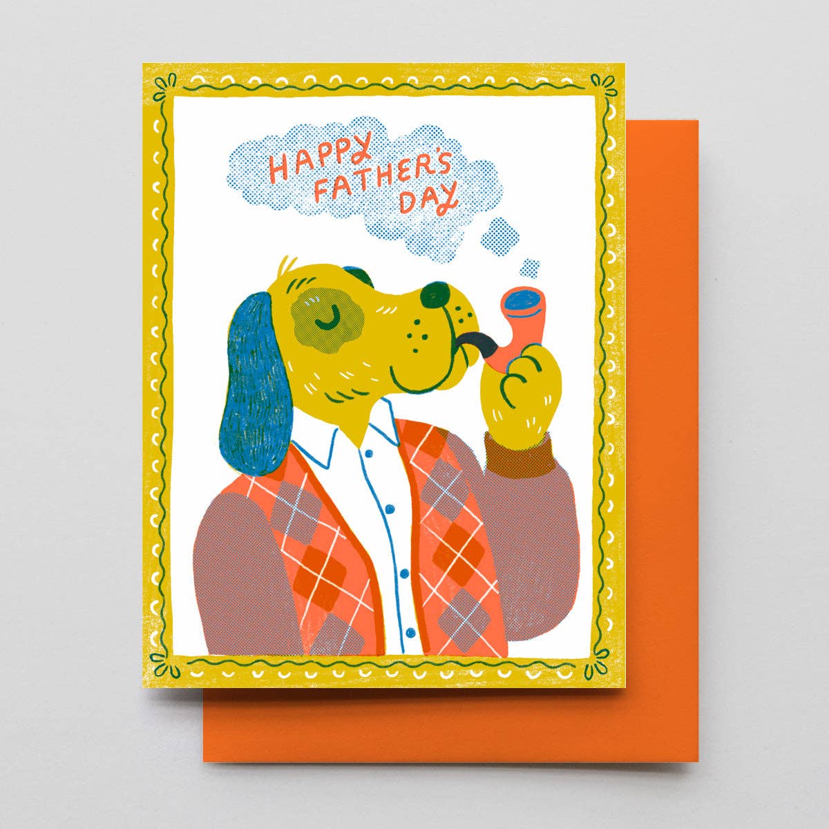 Father's Day card with a dog illustration and 'Happy Father's Day' text on an orange envelope.
