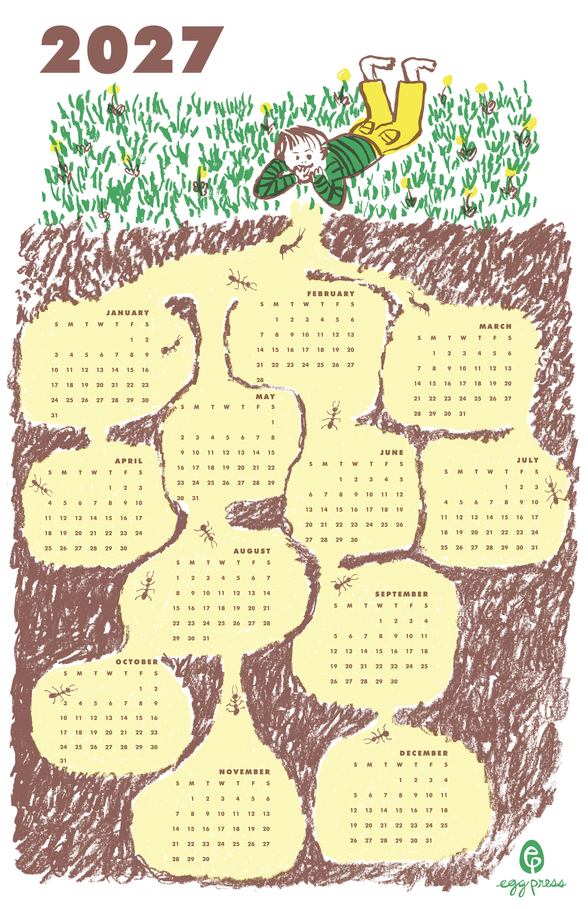 A whimsical 2027 calendar page featuring a hand-drawn illustration of a child lying in grass above stone-shaped monthly grids. The top reads '2027' in large brown letters, and the bottom right shows the 'egg press' logo.