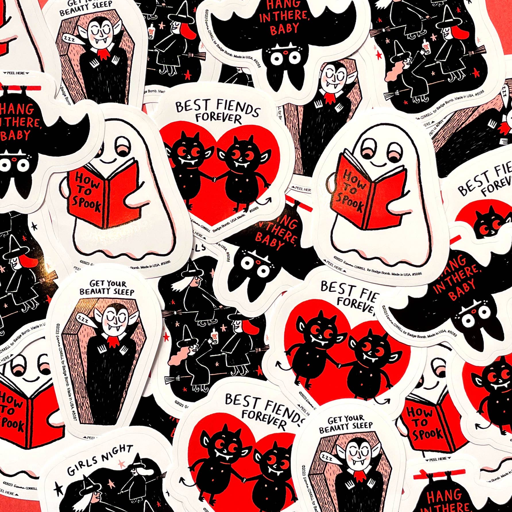 Collection of Halloween-themed stickers with ghosts, cats, and text on a white background.