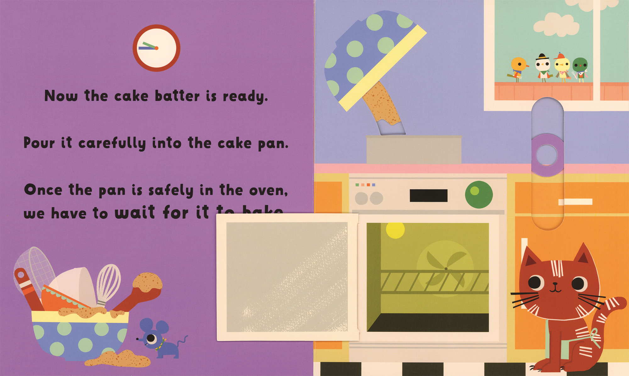 Illustration of a kitchen scene with a cat, cake pan, and oven from a children's book.