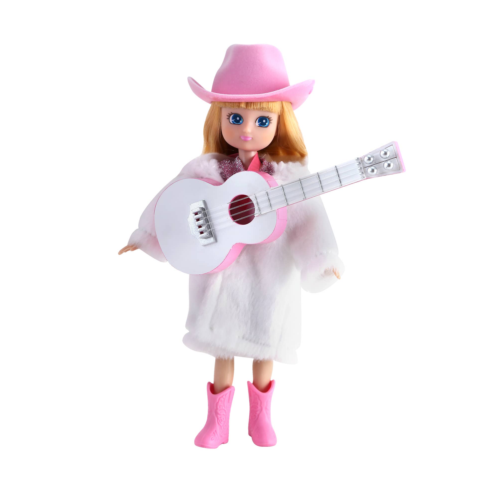 Doll in a cowboy outfit with pink hat, boots, and holding a pink guitar on a white background