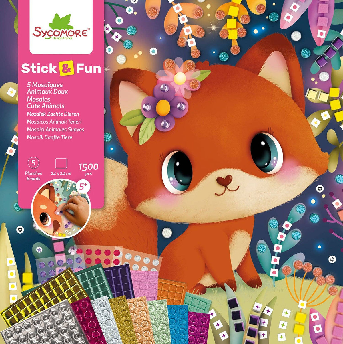 Sycamore Stick Fun craft kit packaging featuring a cute cartoon fox illustration on a colorful decorated background with mosaic tile samples and product info on a pink sidebar.