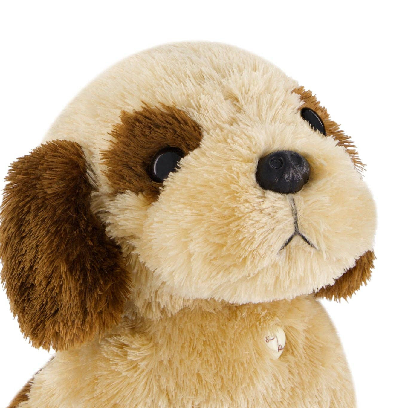 Plush dog toy with brown ears and black nose on a white background