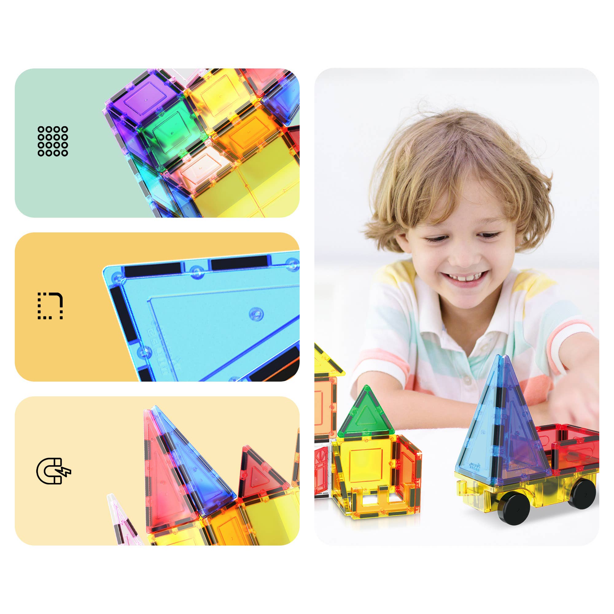 Colorful magnetic building blocks with a child playing with them on a white background.