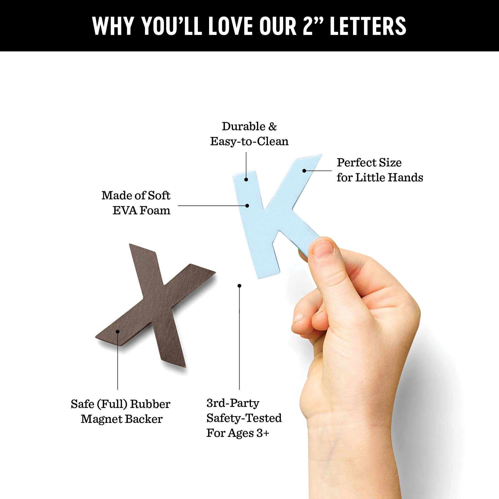 Hand holding a blue letter 'K' with features highlighted on a white background