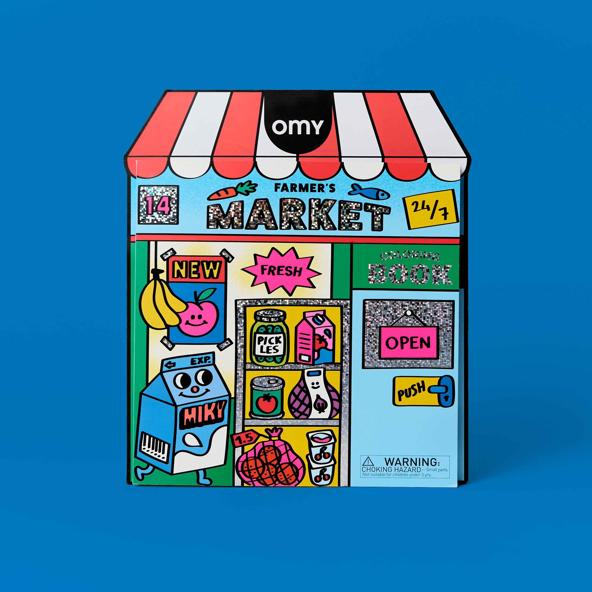 Colorful toy packaging resembling a farmers market on a blue background