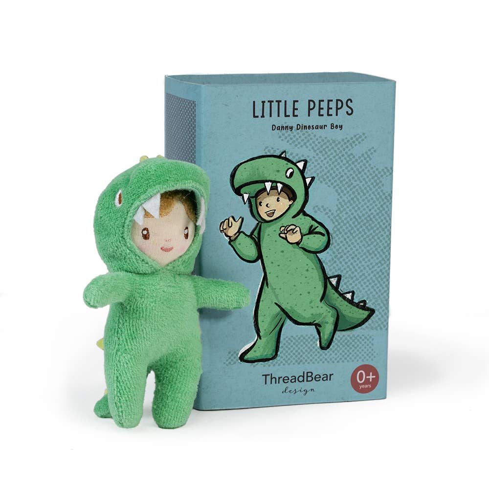 Green dinosaur costume with matching plush toy and packaging on a white background
