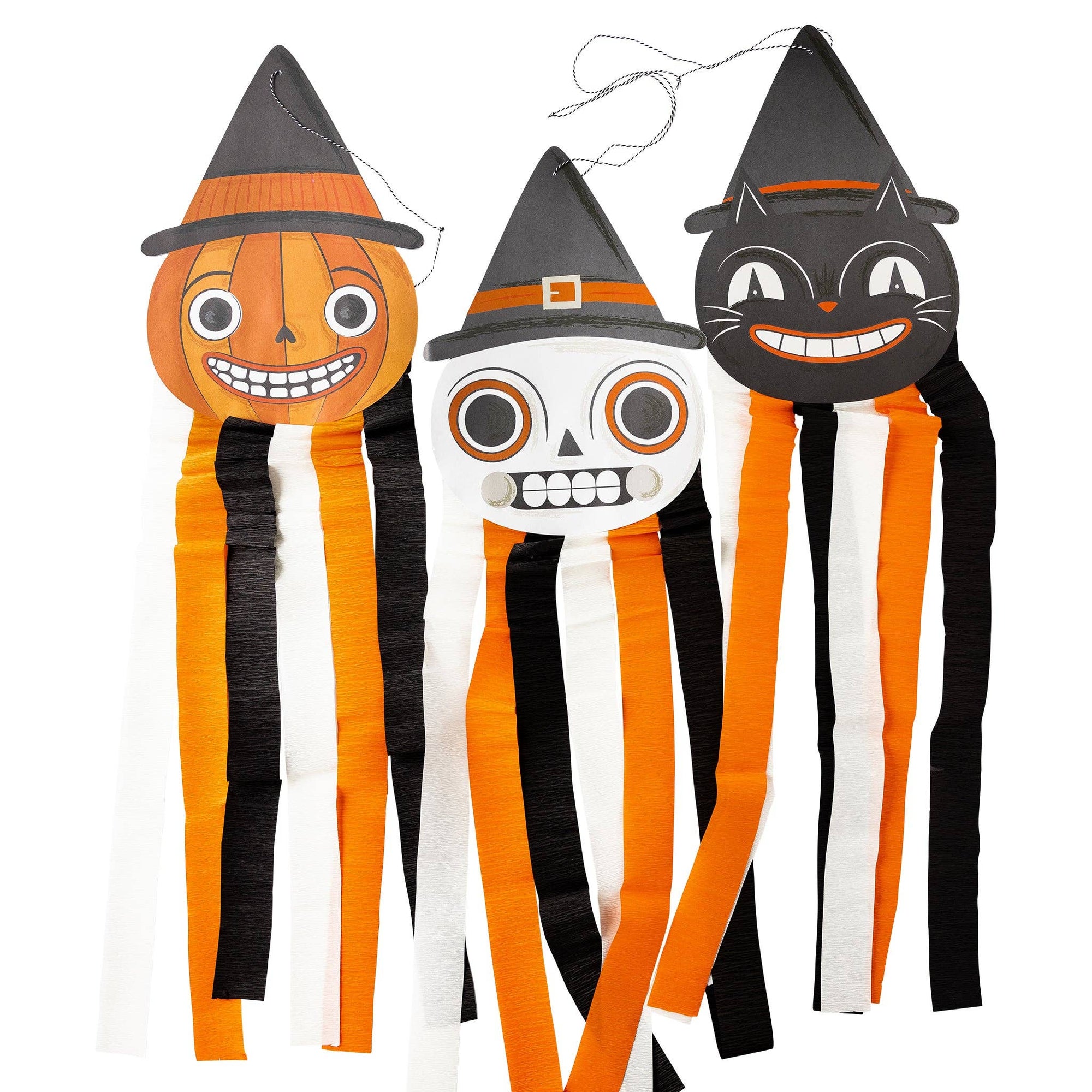 Three Halloween-themed decorations shaped like a pumpkin, ghost, and cat with striped ribbons on a white background.