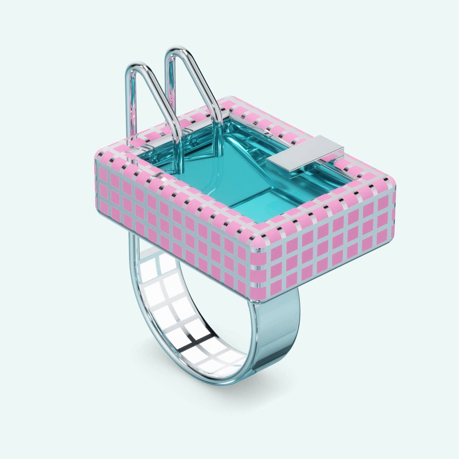 Ring with a pink and blue design on a white background
