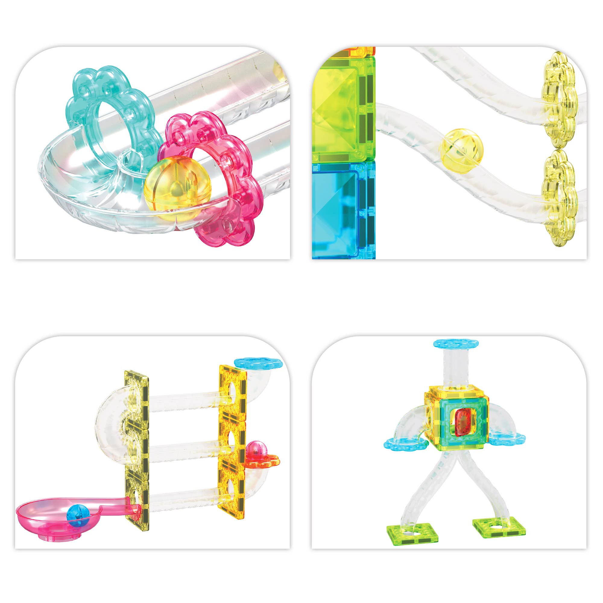 Colorful toy building blocks with transparent bases on a white background