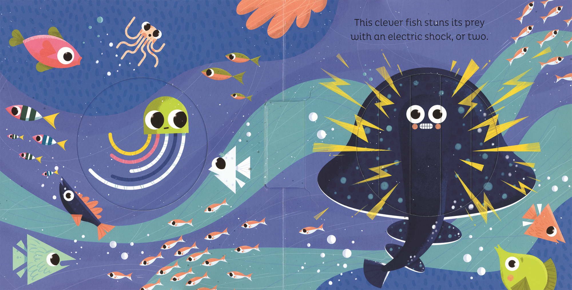 Illustration of an electric eel in an underwater scene with various fish and marine life.