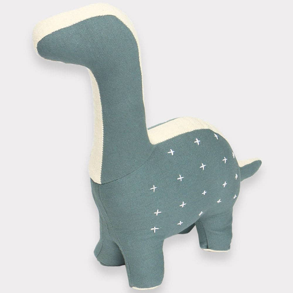 Plush dinosaur toy with a light blue body and cream-colored head on a white background