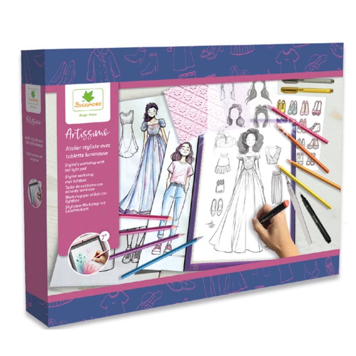 Box of a fashion design set with illustrations and tools on a white background
