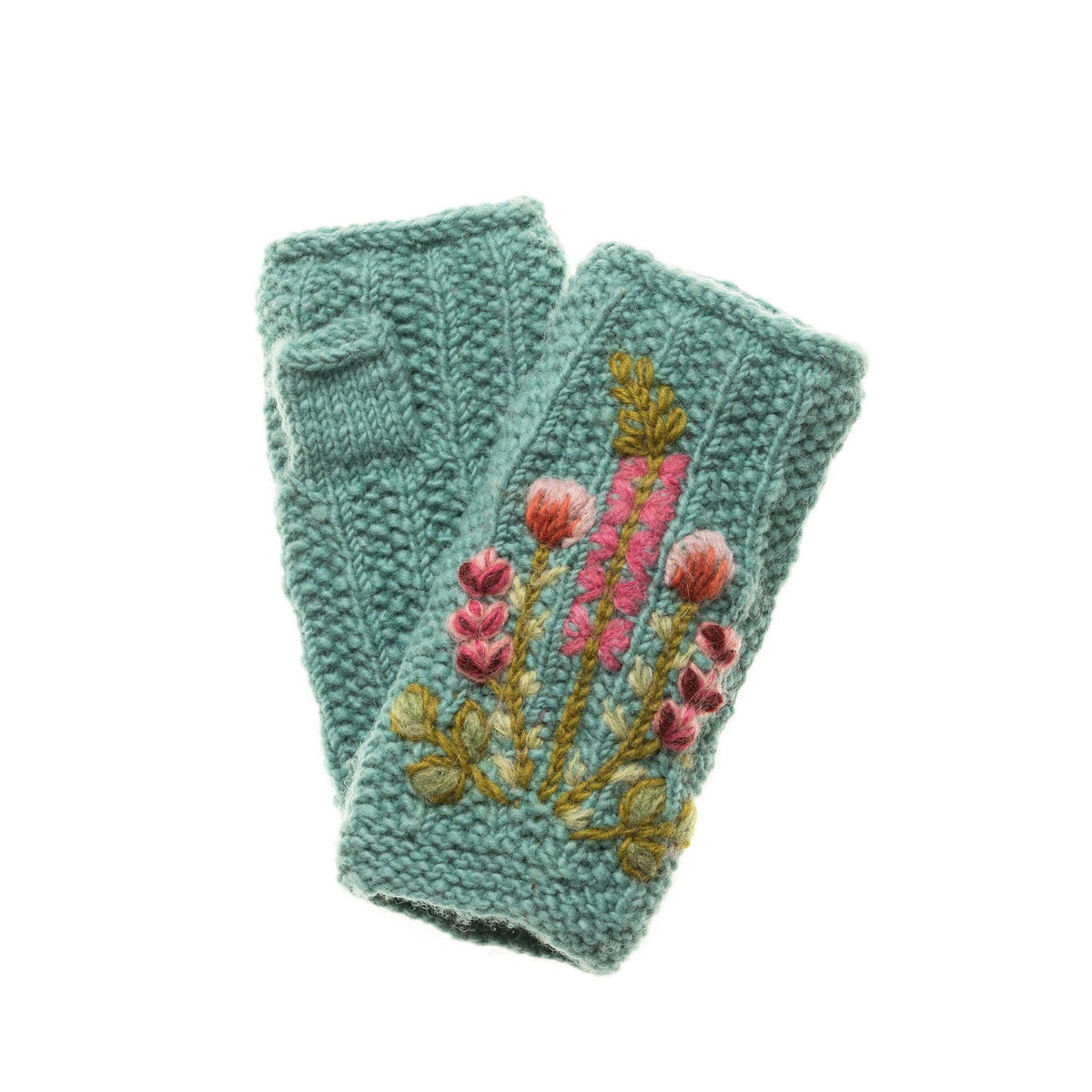 A pair of knitted fingerless gloves in a dusty teal green color, decorated with colorful floral embroidery in pink, red, and gold on the wrist cuffs, shown against a plain white background.