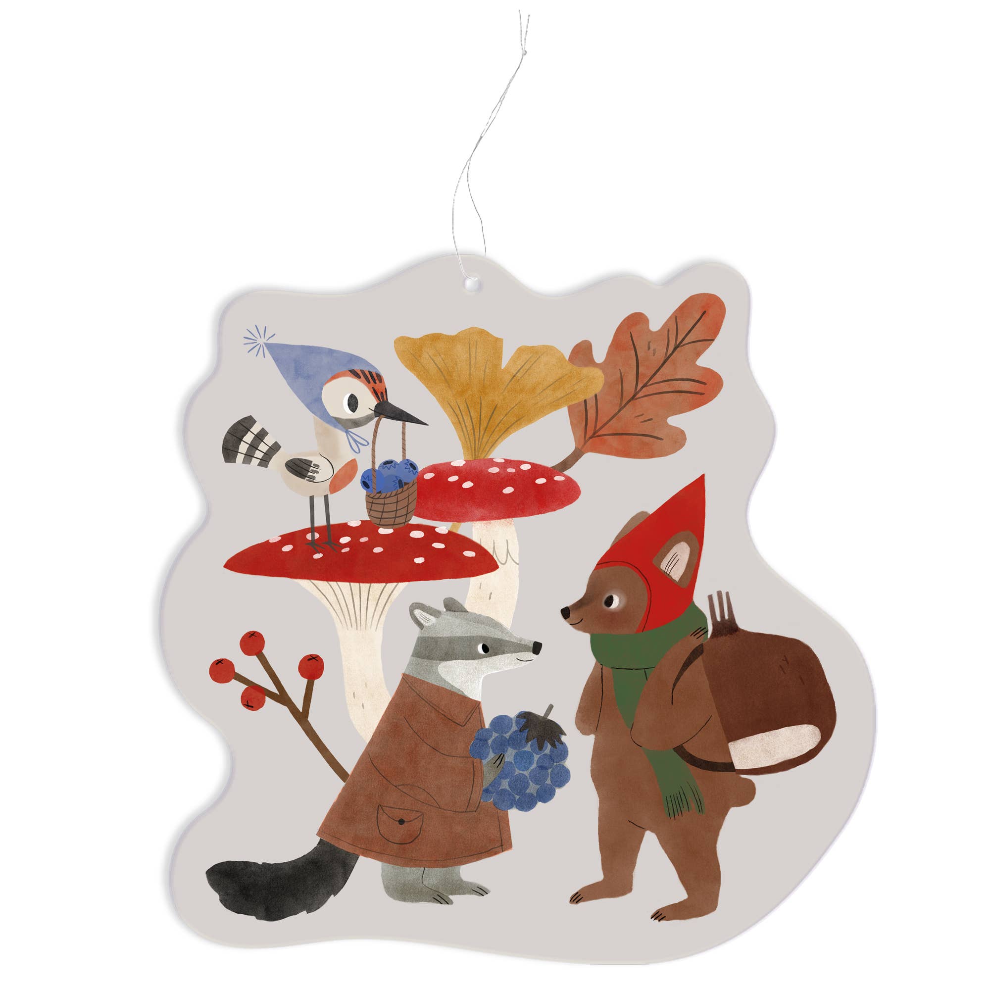 Decorative wall hanging with cartoon animals and nature elements on a white background
