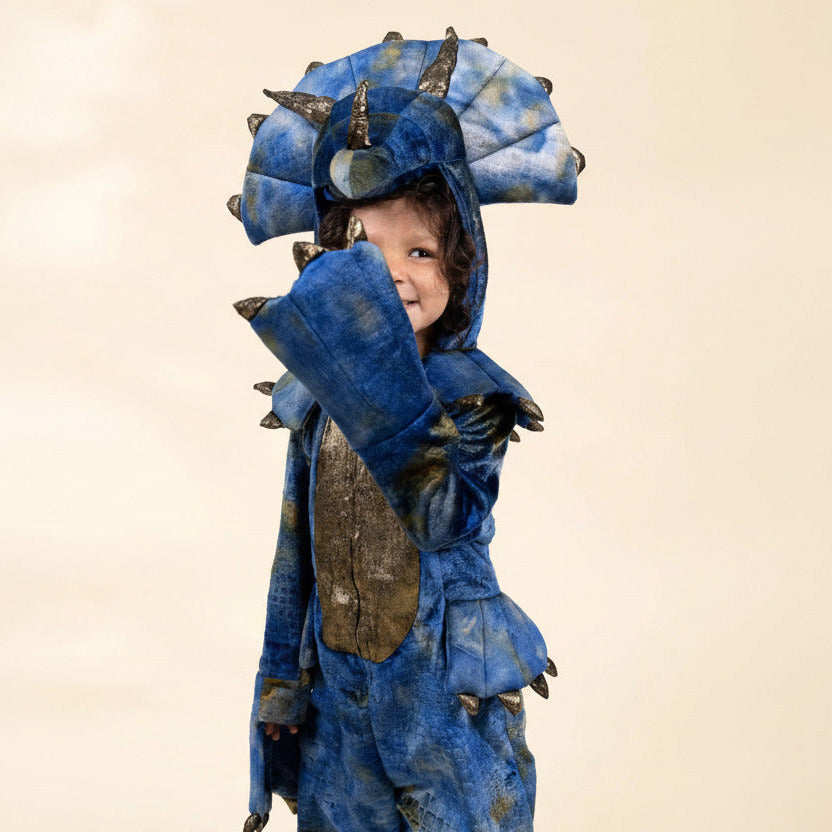A child wearing a blue dinosaur costume with a large horned headpiece, textured fabric, and distressed detailing, posed against a plain light beige background.