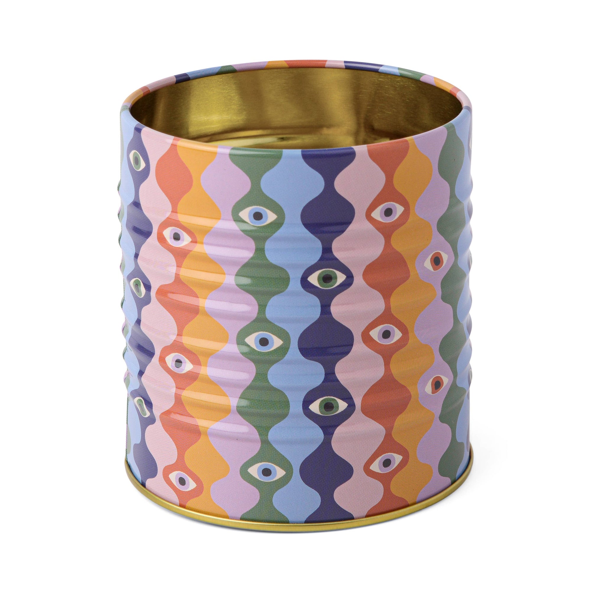 Colorful cylindrical container with wavy pattern on a white background