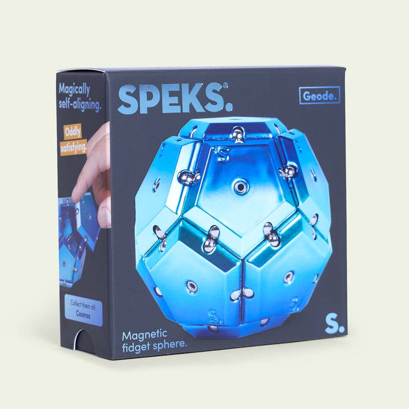 Speks magnetic fidget sphere packaging on a beige background
