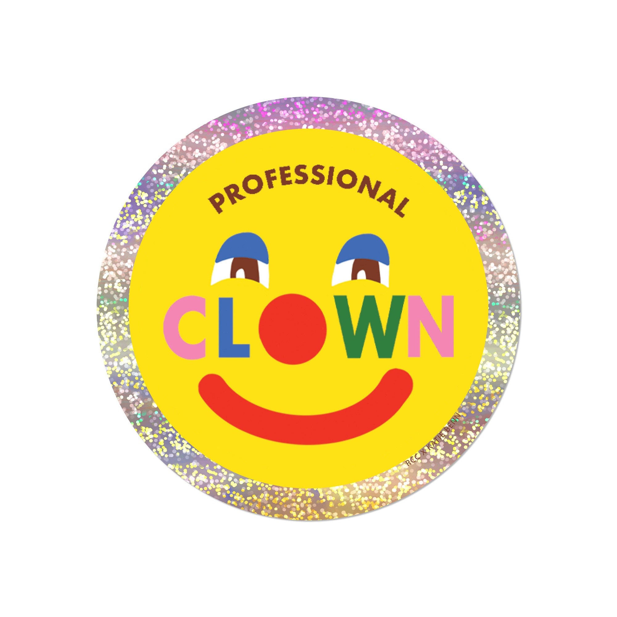 Sticker  with a smiley face and 'Professional Clown' text on a yellow background