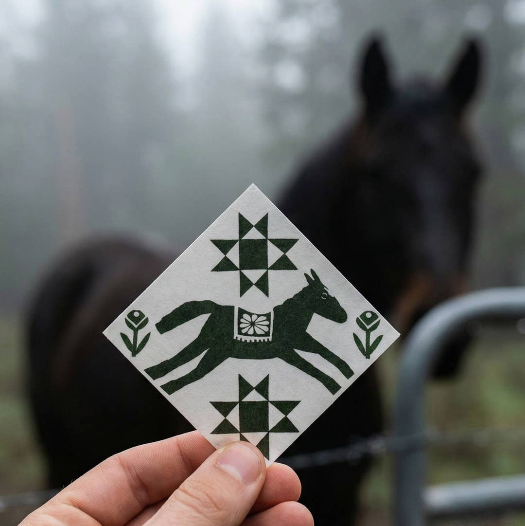 Hand holding a decorative card with a horse design in front of a horse in a misty field.