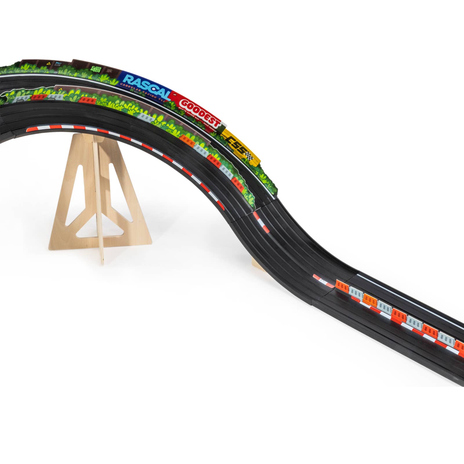 Model of a race track with 'Rascal' branding on a white background