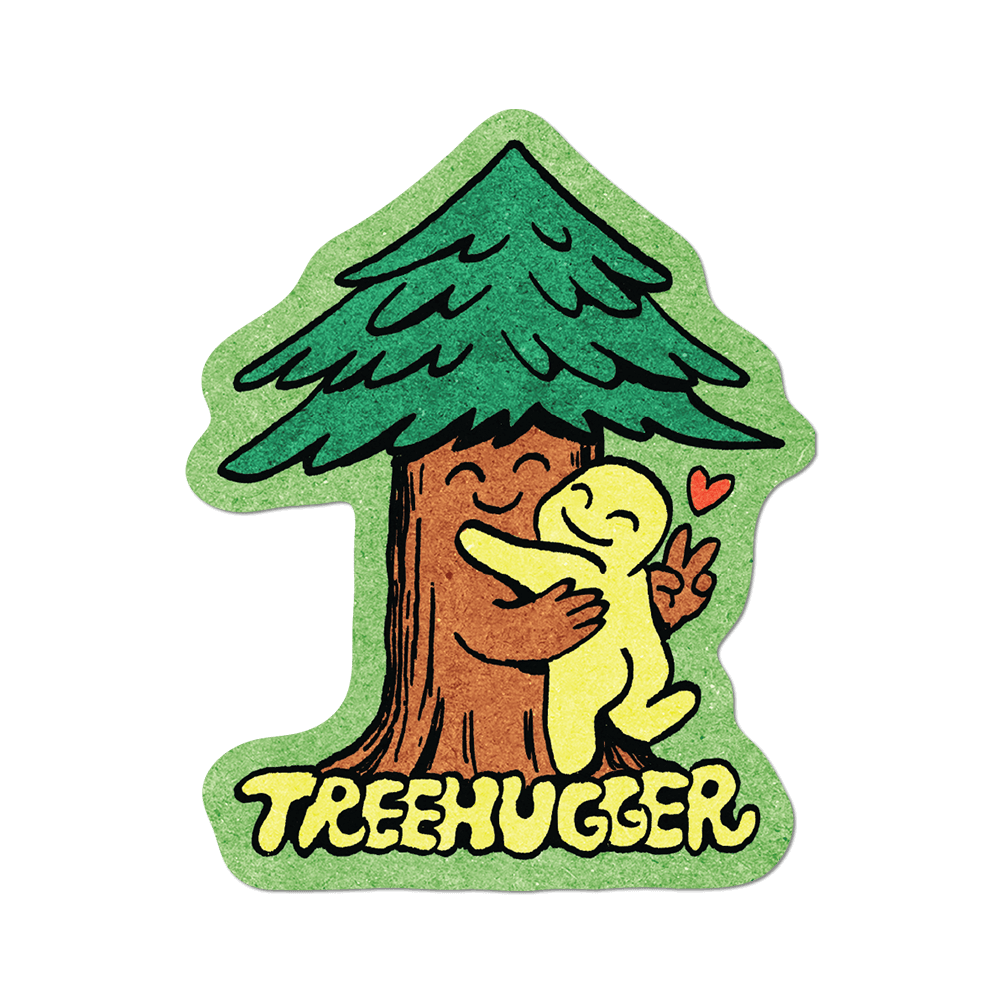 Illustration of a tree hugging a person with 'TREEHUGGER' text on a black background