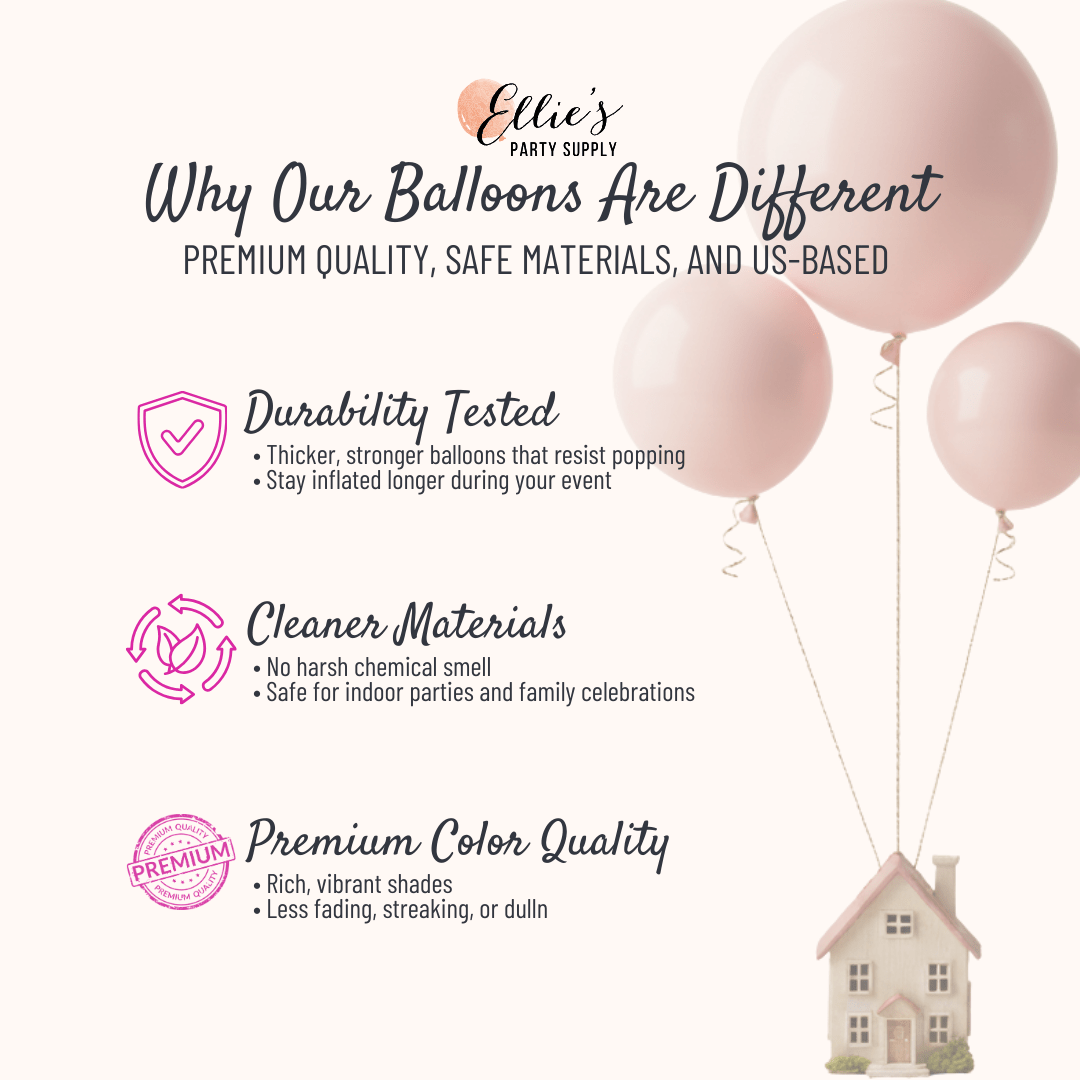 Advertisement for Ellie's Party Supply balloons with text about quality and safety.
