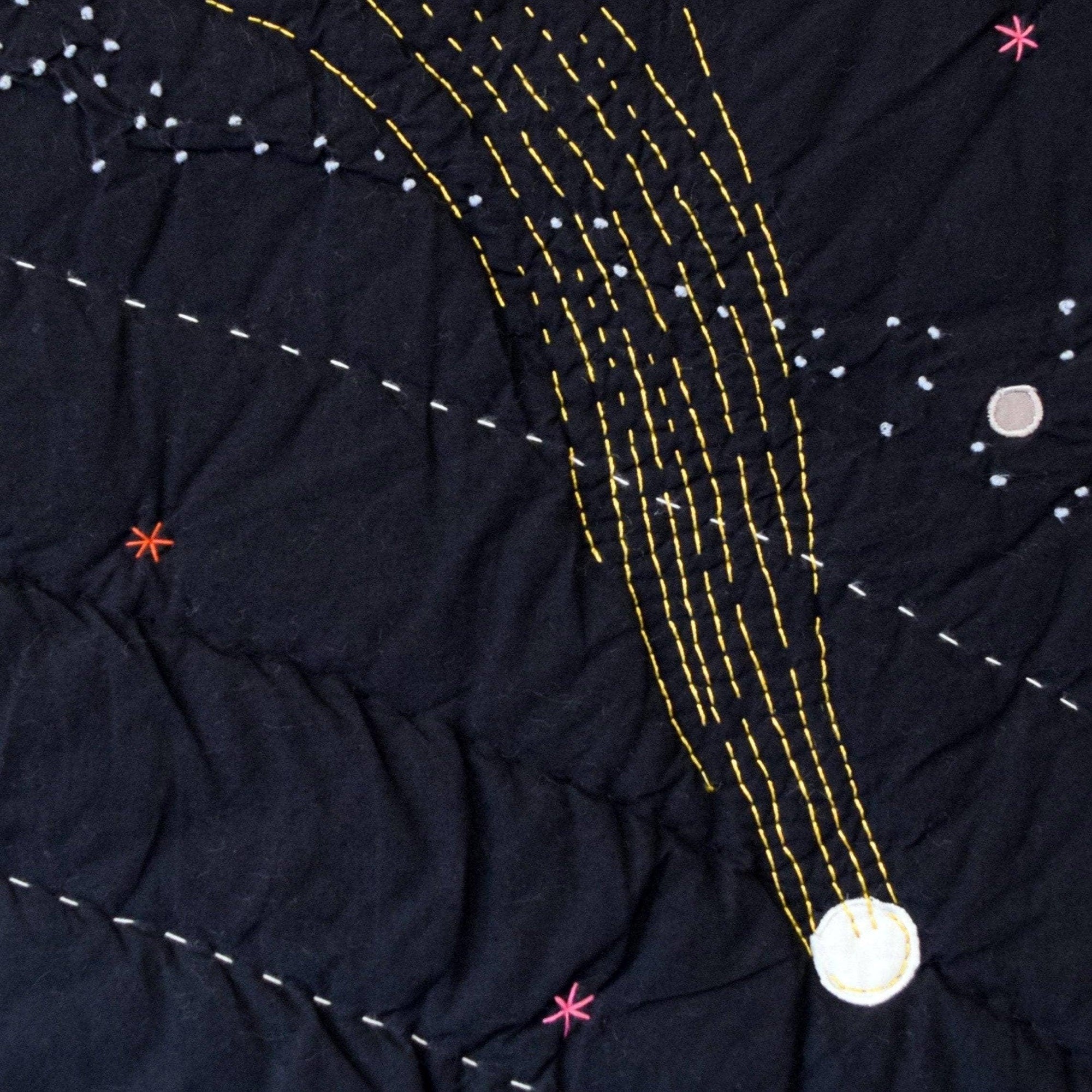Close-up of a quilt with star patterns and a moon on a dark background