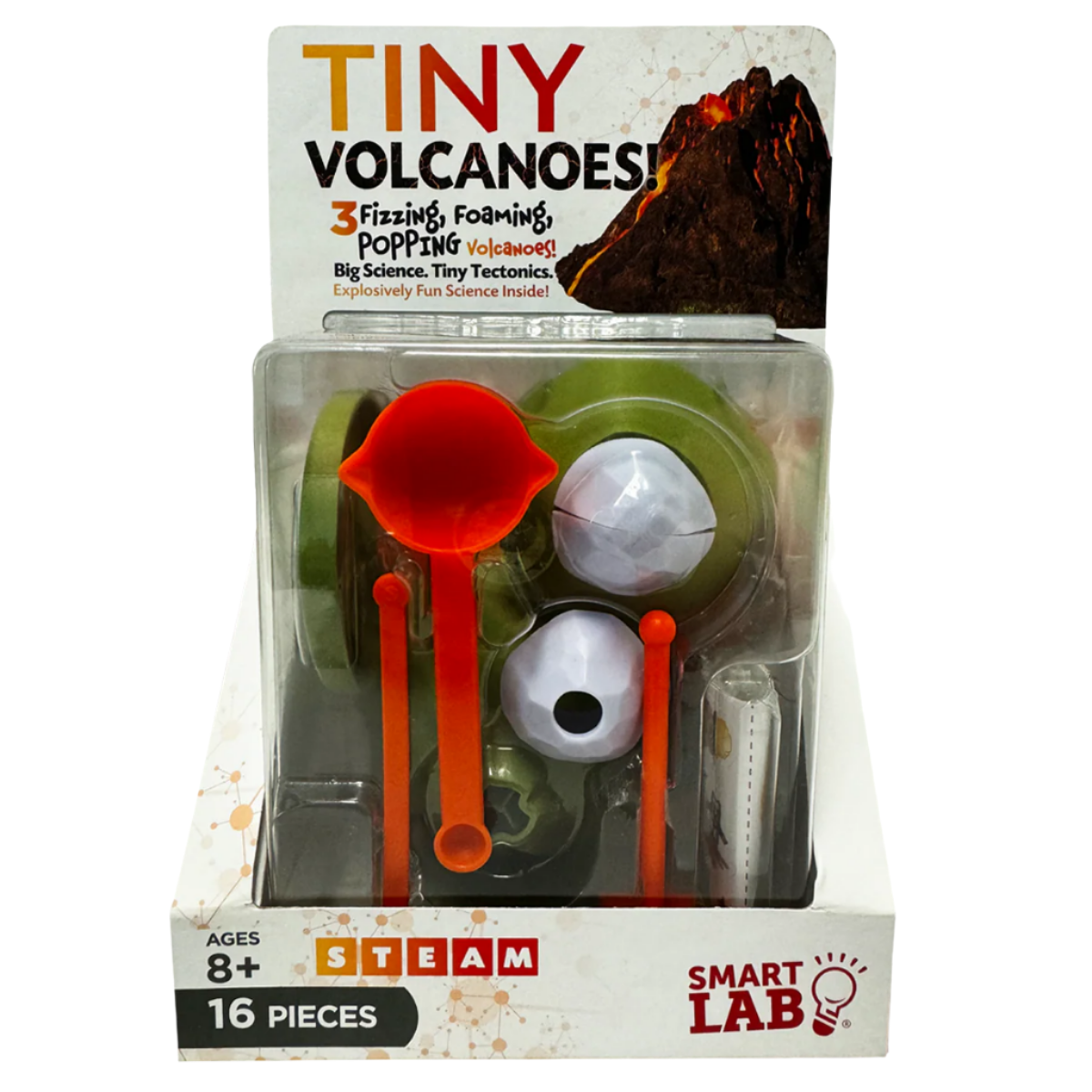 Smart Lab Tiny Volcanoes science kit packaging with toy volcano model and educational text.