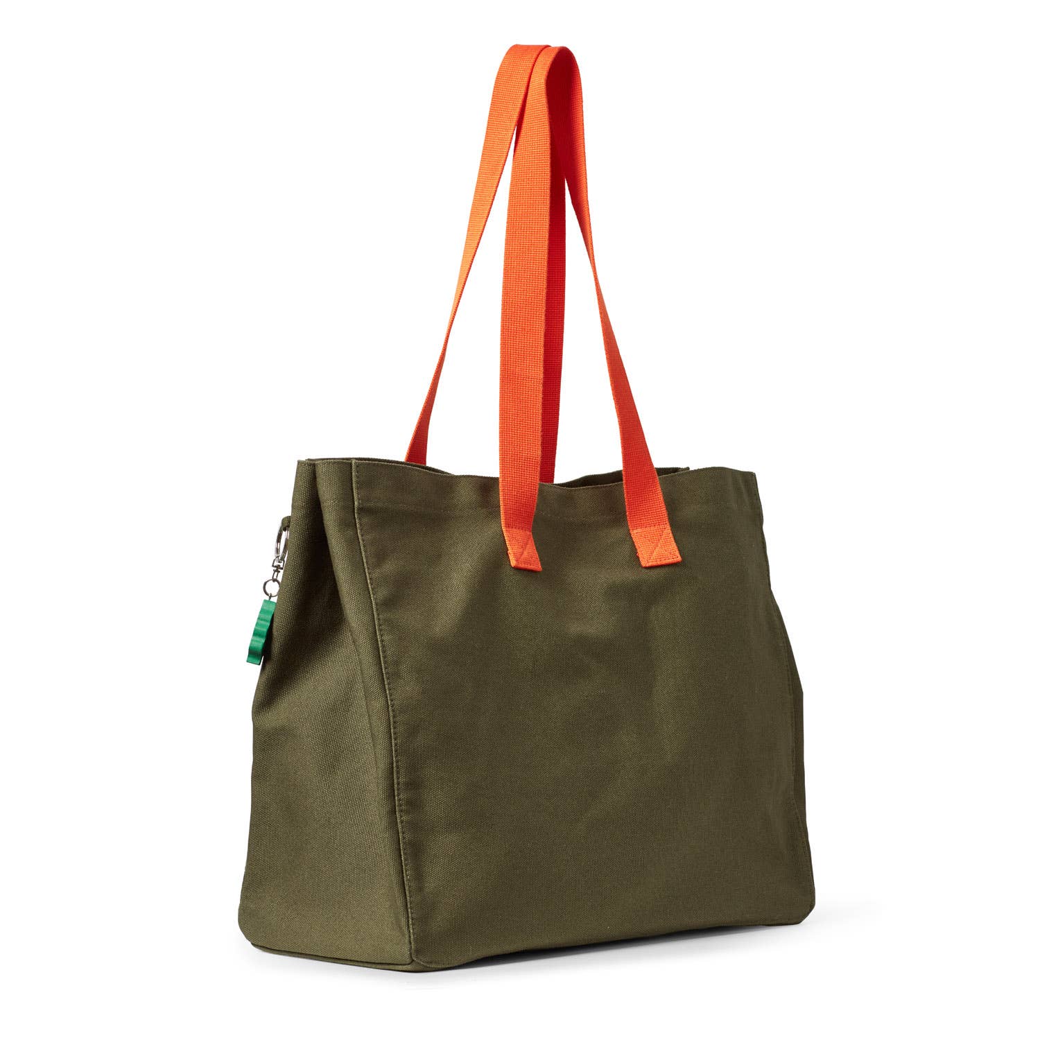 Green tote bag with orange handles on a white background
