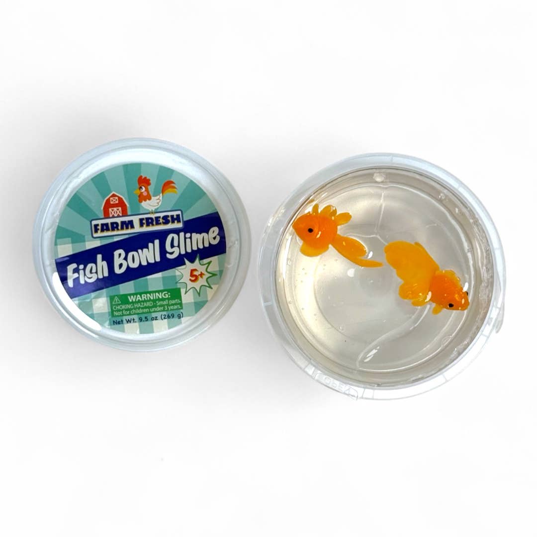 Fish bowl slime container with goldfish figures on a white background