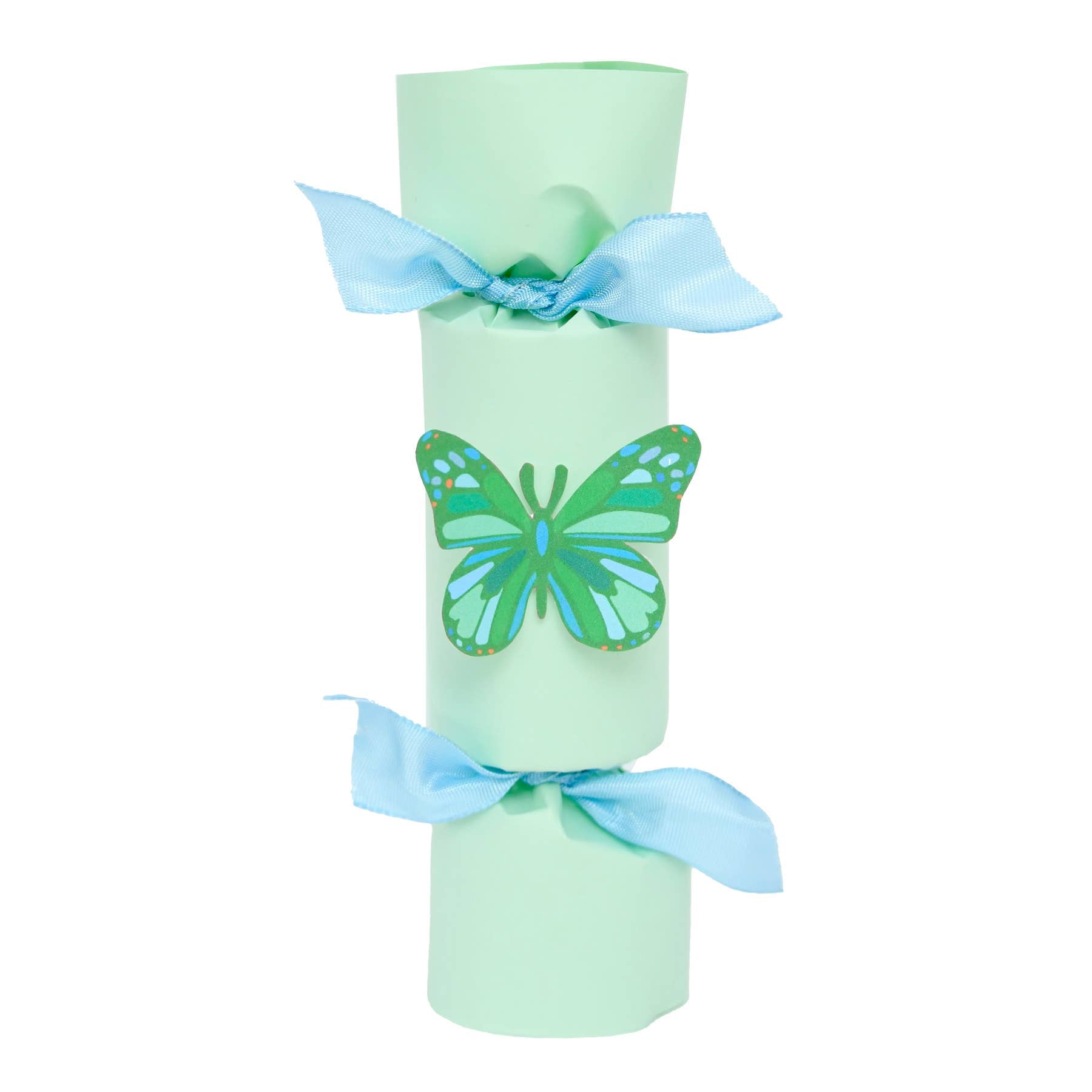 Light green roll of paper with a blue ribbon and butterfly decoration on a white background